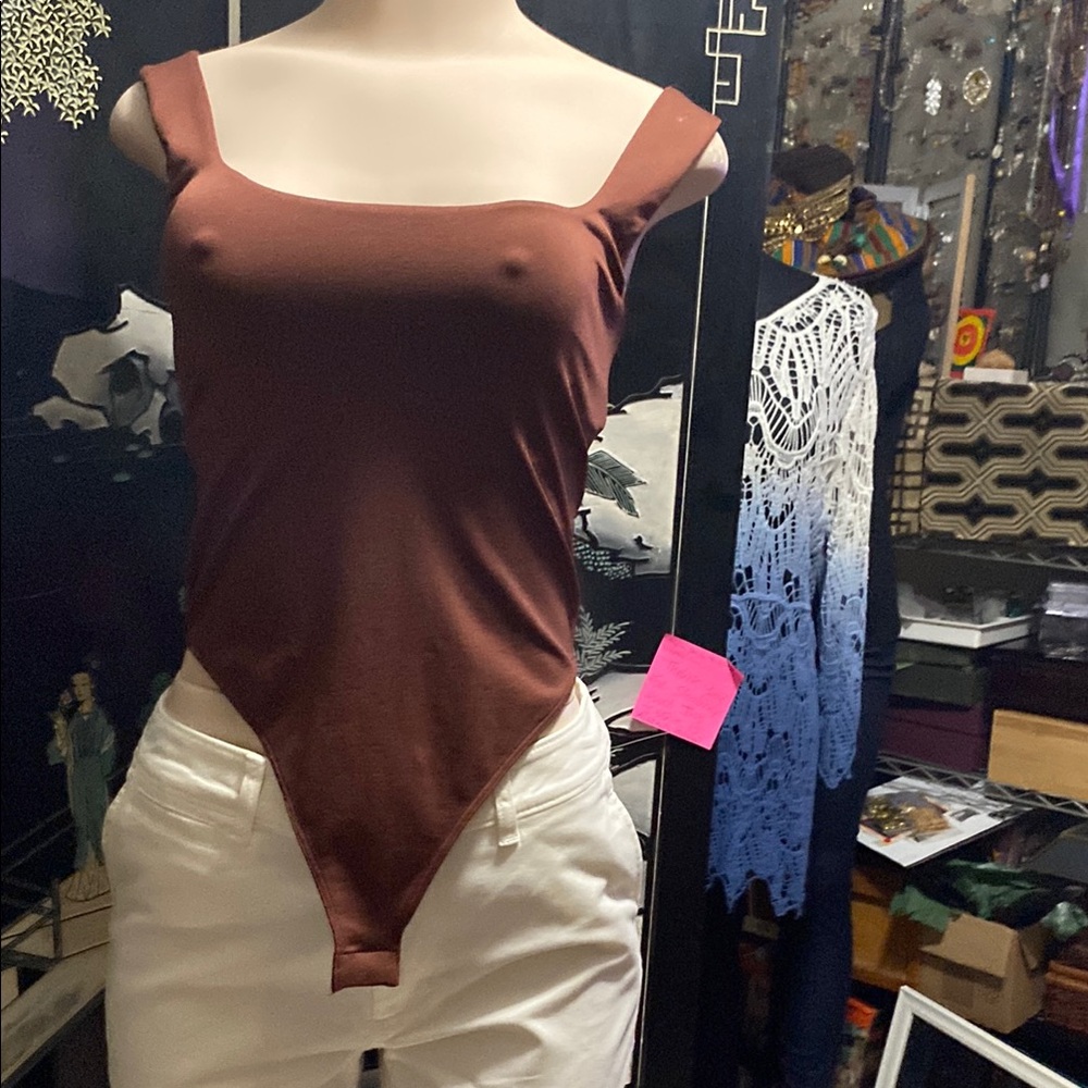 A New Day Brown Asymmetrical Bodysuit Top